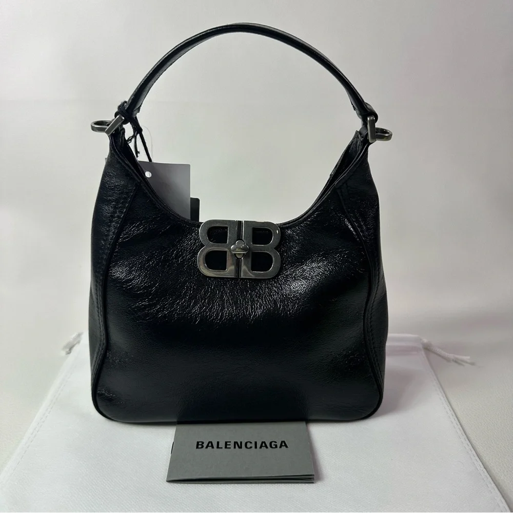 NEW BALENCIAGA BLACK LEATHER BB SOFT HOBO BAG - Picture 3 of 11